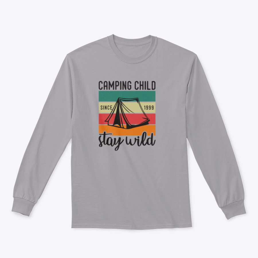 A vintage typography T-shirt for children featuring a mountain camping design, made from 100% cotton for comfort and durability.